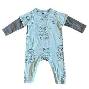Boys’ Tea Collection Blue Grey Long Sleeve Owl One Piece Romper Size 6-9 months